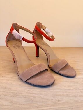 Naturalizer Suede Open-Toe Heels in Taupe and Red